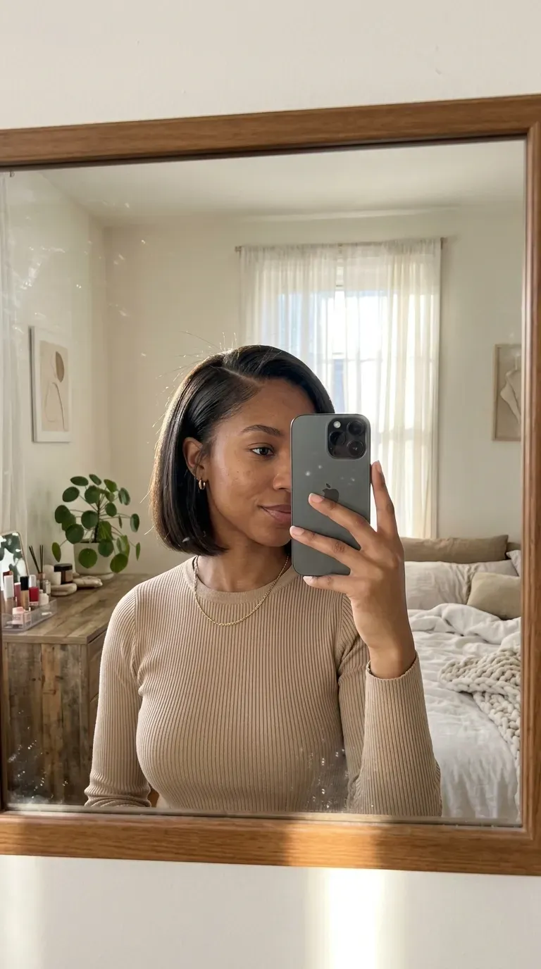 11 Short Silk Press Hairstyles That Look Sleek, Chic, and Effortlessly Polished 3 Woman taking an iPhone mirror selfie showing her sleek side-parted silk press bob.