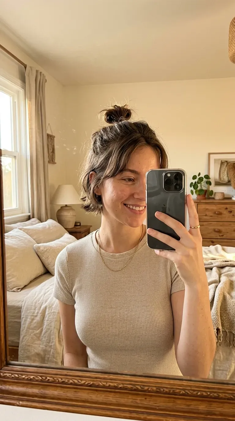 Woman taking an iPhone mirror selfie showing a soft side-pinned wavy updo with textured short hair.