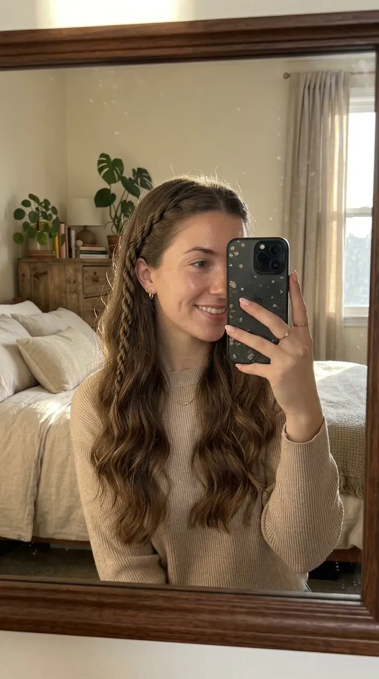 Woman taking an iPhone mirror selfie showing a small side rope braid blended into soft loose waves.
