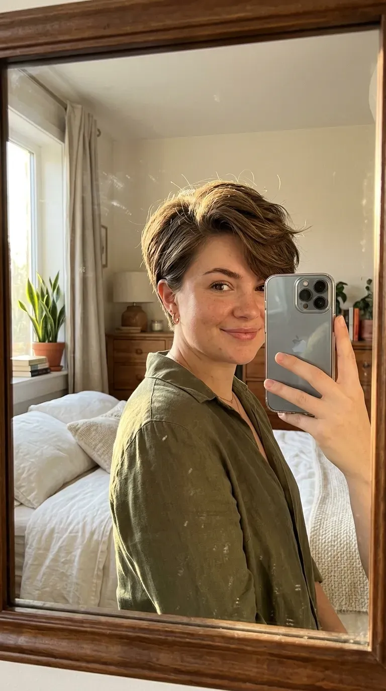 Woman taking an iPhone mirror selfie showing a side-swept pixie with textured volume.