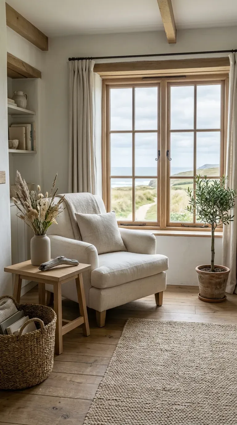 Coastal Cottage Design: 10 Stylish Ideas to Create a Relaxed Seaside Home 11 Minimal coastal cottage interior with natural plants driftwood ceramics and neutral seaside decor.