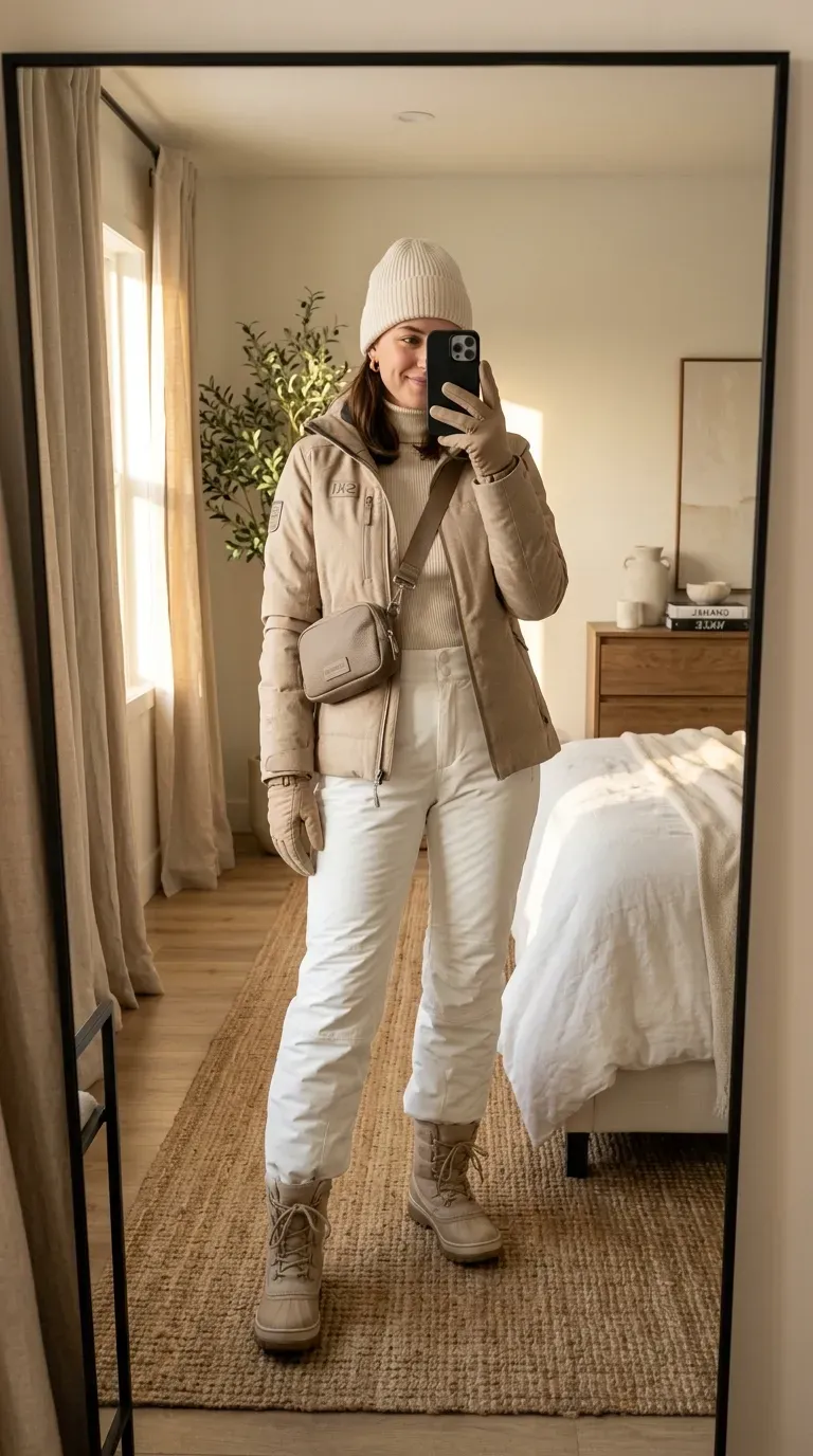 Ski Outfit Ideas: 7 Stylish Looks for a Chic Day on the Slopes 3 Woman wearing a beige ski jacket with white snow pants for an elegant neutral winter outfit.