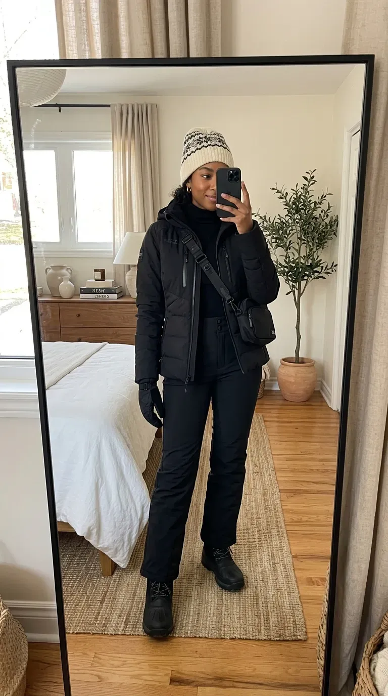 Ski Outfit Ideas: 7 Stylish Looks for a Chic Day on the Slopes 8 Woman wearing a black monochrome ski outfit with a statement beanie for a sleek winter look.