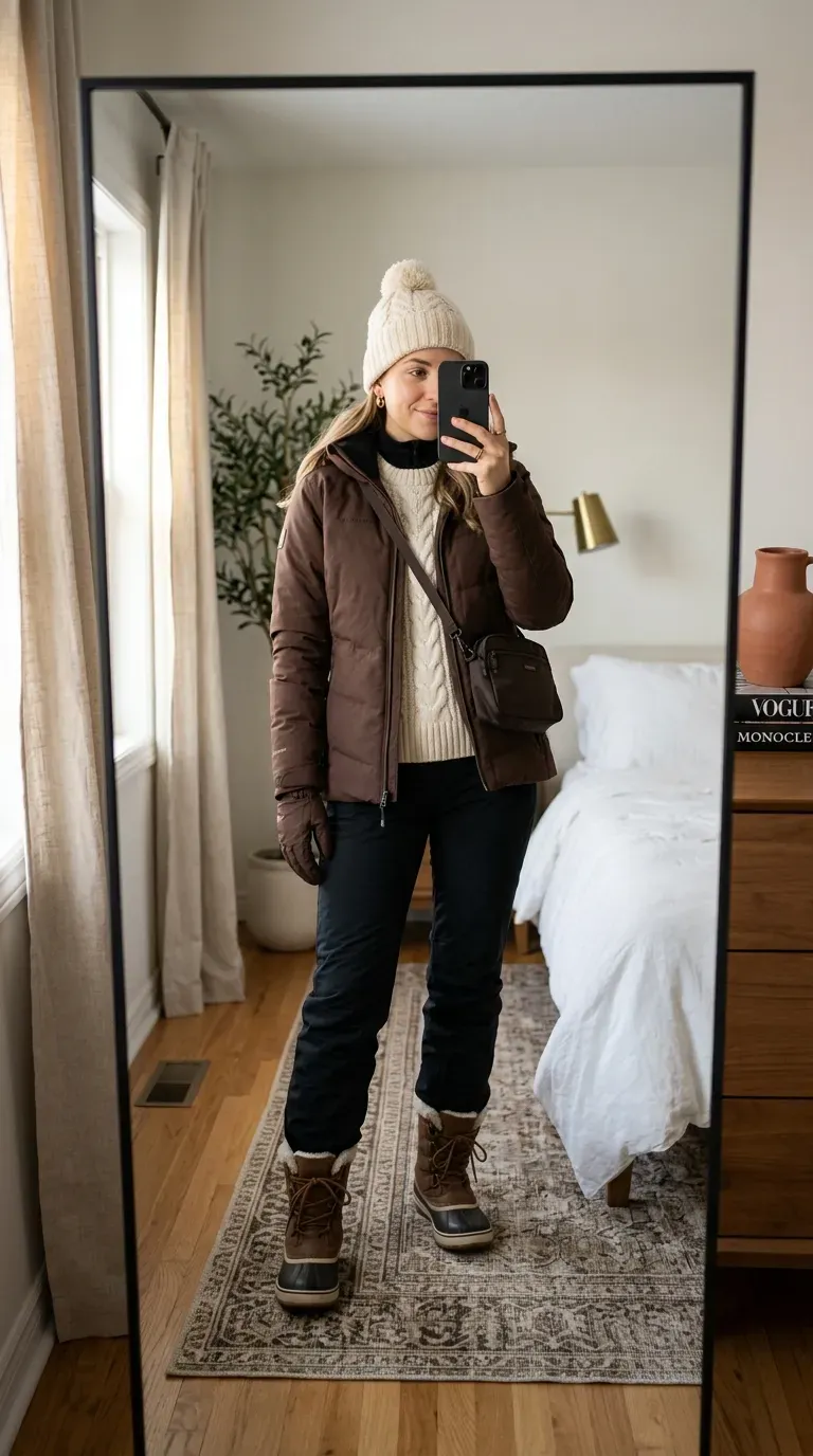 Ski Outfit Ideas: 7 Stylish Looks for a Chic Day on the Slopes 5 Woman wearing a cream sweater with a brown ski jacket for a cozy sophisticated ski outfit.