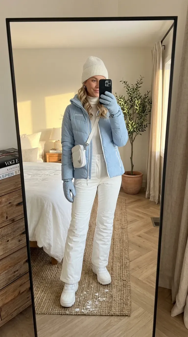 Ski Outfit Ideas: 7 Stylish Looks for a Chic Day on the Slopes 7 Woman wearing a pastel blue ski jacket with white pants for a fresh feminine winter look.