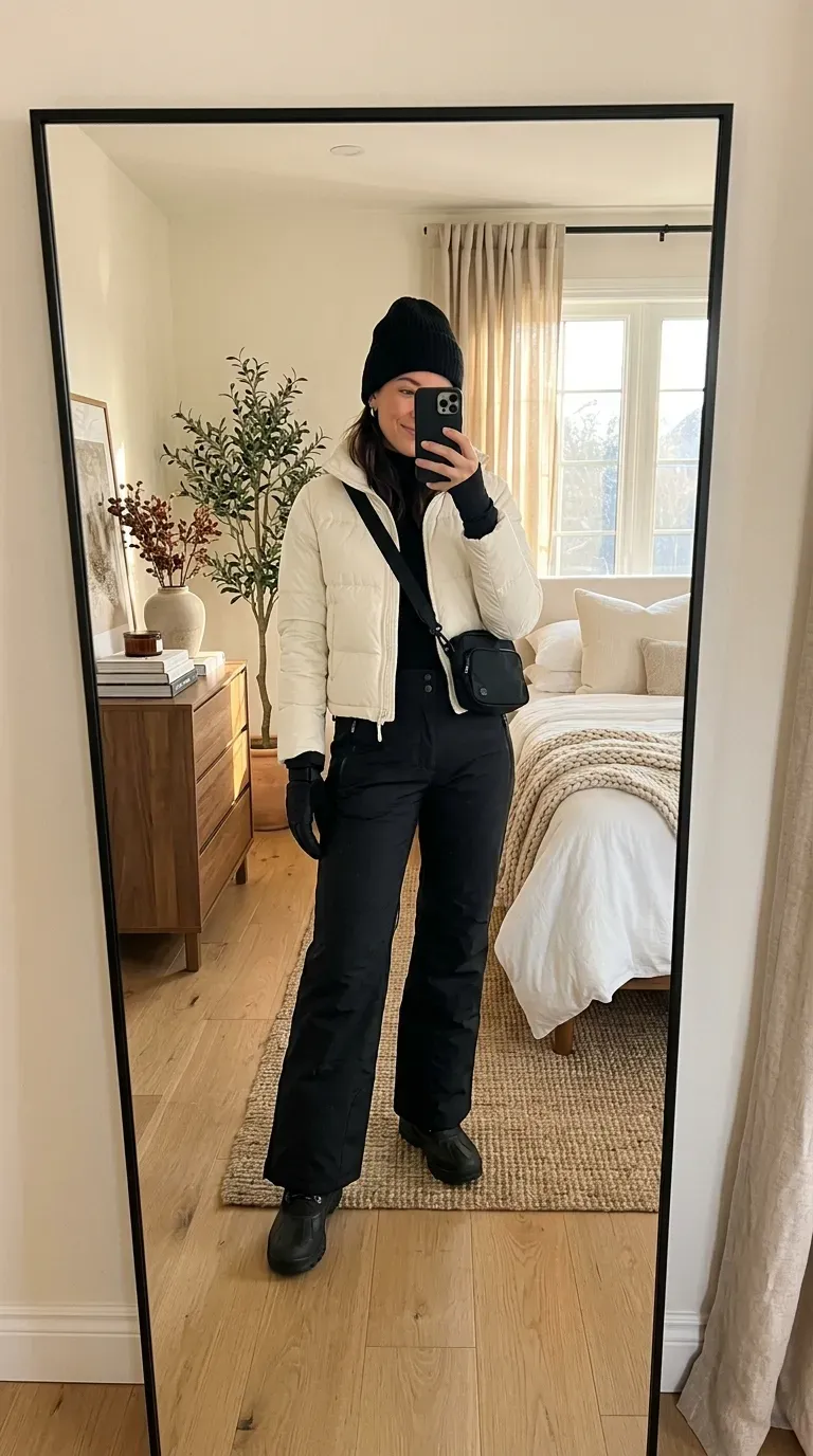 Ski Outfit Ideas: 7 Stylish Looks for a Chic Day on the Slopes 6 Woman wearing a quilted ski jacket with wide-leg snow pants for a modern winter outfit.