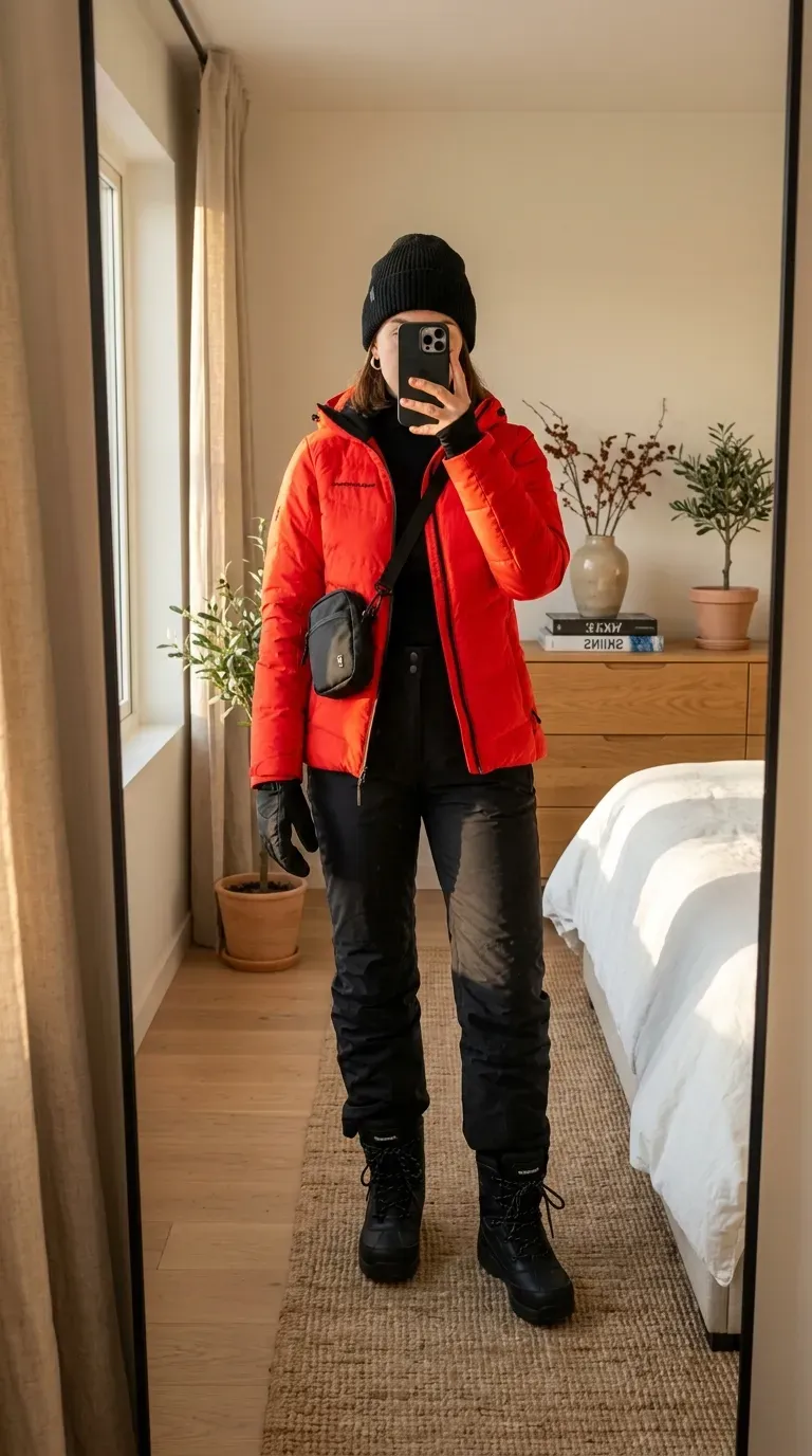 Ski Outfit Ideas: 7 Stylish Looks for a Chic Day on the Slopes 4 Woman wearing a red ski jacket with black snow pants for a bold stylish winter outfit.