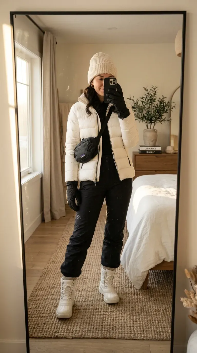 Ski Outfit Ideas: 7 Stylish Looks for a Chic Day on the Slopes 2 Woman wearing a white puffer jacket with black ski pants for a chic winter ski outfit.