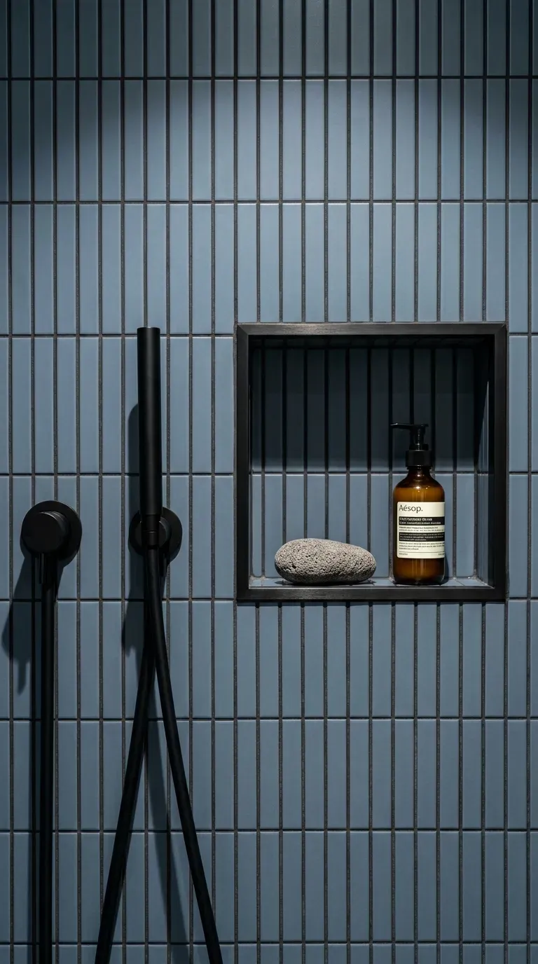 15 Genius Blue Tile Bathrooms You Need to Try 13 Thin slate blue vertical stacked kit-kat tiles in a modern shower