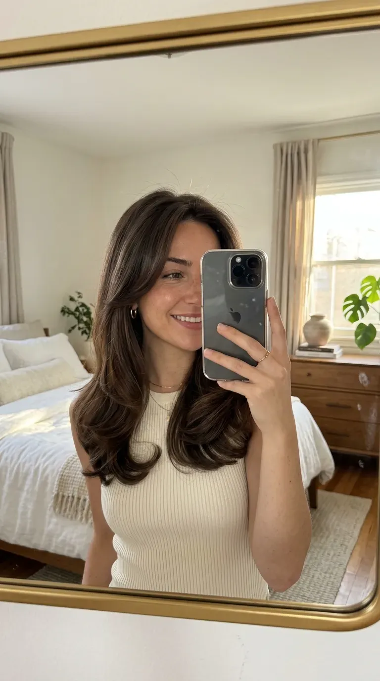 Woman taking an iPhone mirror selfie showing her sleek polished blowout with smooth bouncy ends.