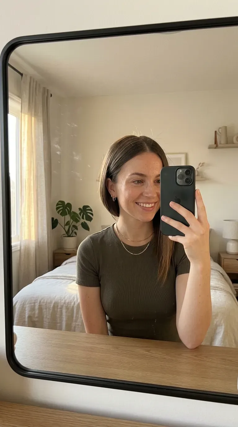 Woman taking an iPhone mirror selfie showing a sleek long angled bob with smooth straight lengths.