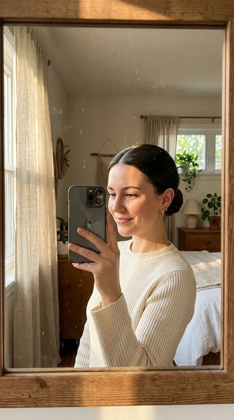 Woman taking an iPhone mirror selfie showing a sleek low bun with a clean center part and polished finish.