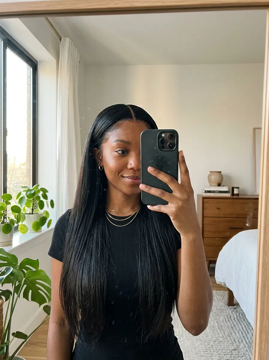 Woman taking an iPhone mirror selfie showing sleek straight lace frontal with a precise middle part.
