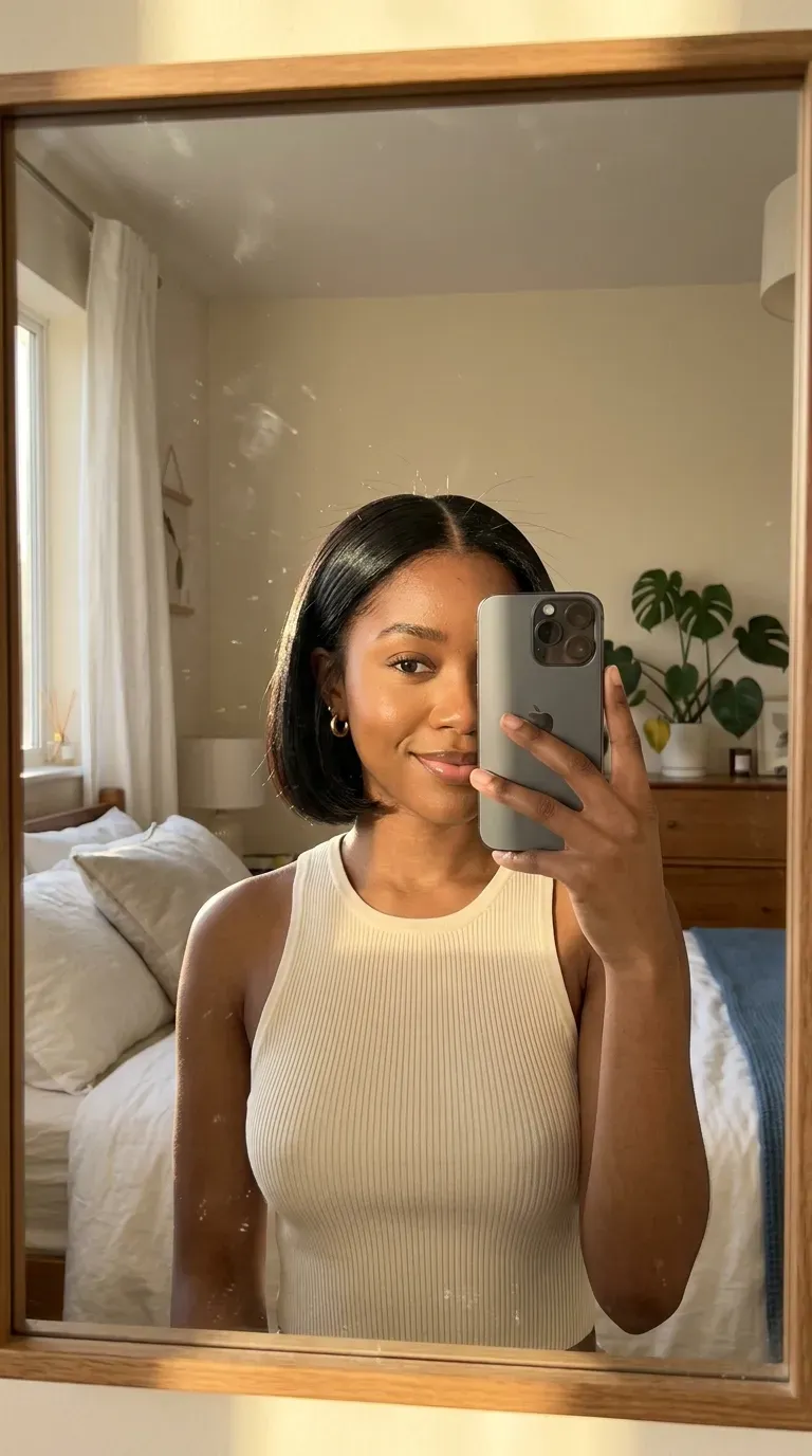 11 Short Silk Press Hairstyles That Look Sleek, Chic, and Effortlessly Polished 2 Woman taking an iPhone mirror selfie showing her sleek short silk press bob hairstyle.