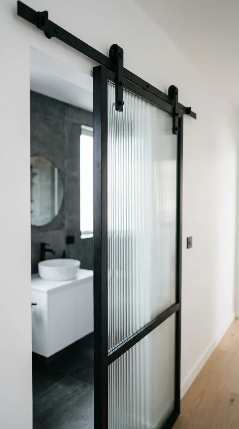 12 Genius One Bedroom Apartment Ideas That Maximize Space 13 modern black sliding barn door with reeded glass panels between bedroom and bathroom