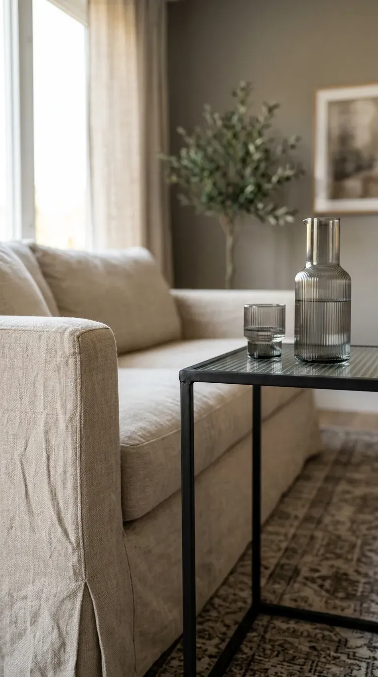 crisp white slipcovered sofa paired with an angular matte black iron side table