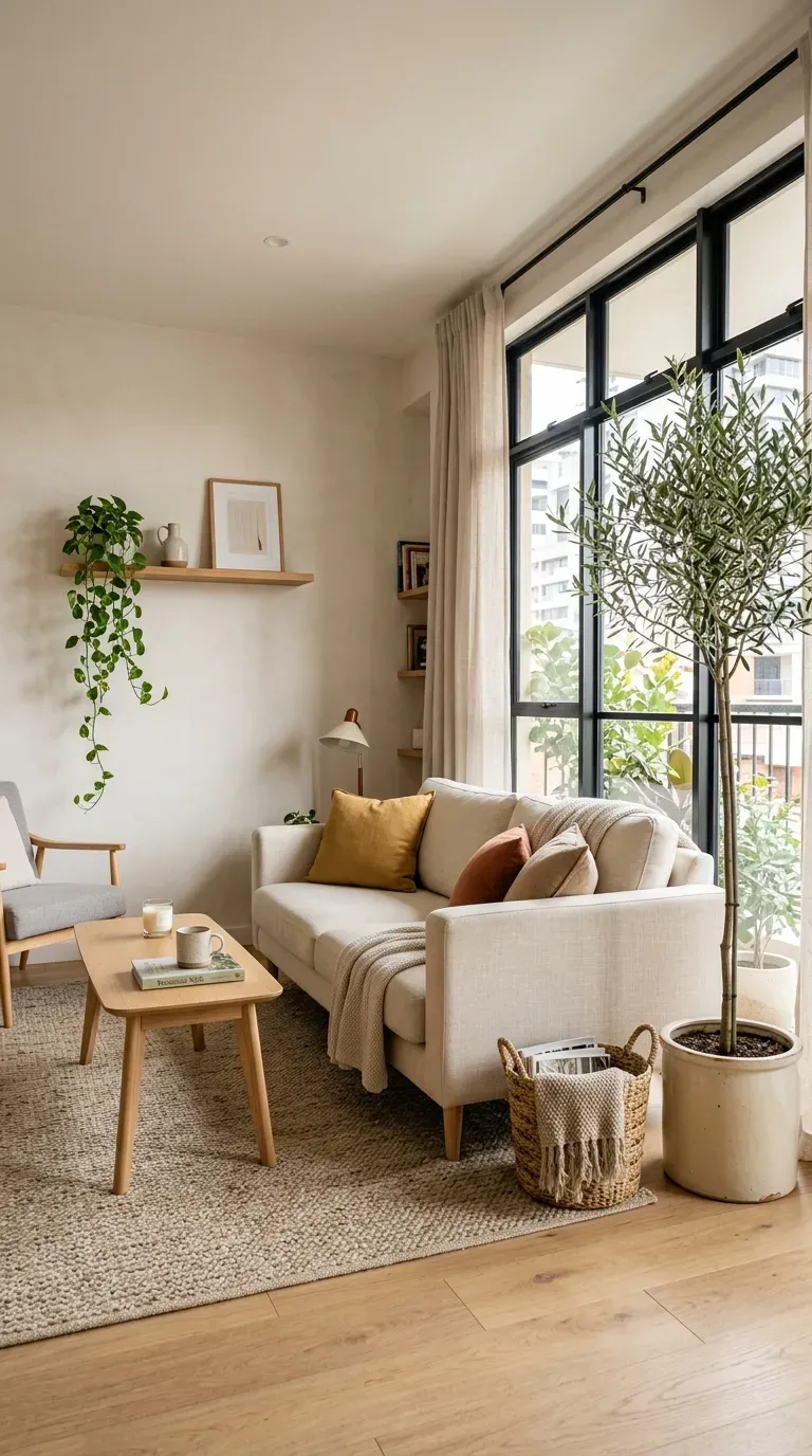 Small apartment living room decorated with indoor plants and natural woven accessories.