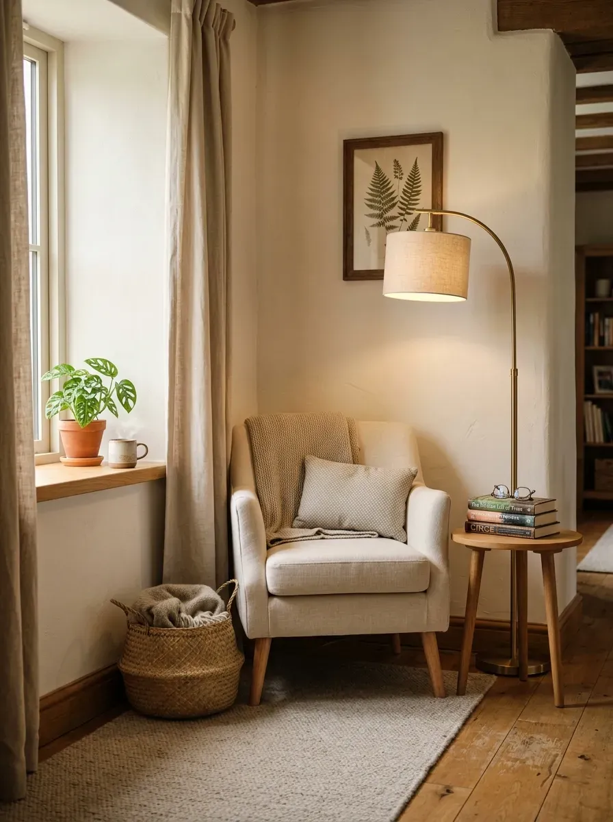 Small empty corner transformed into a cozy reading nook with chair books and floor lamp.