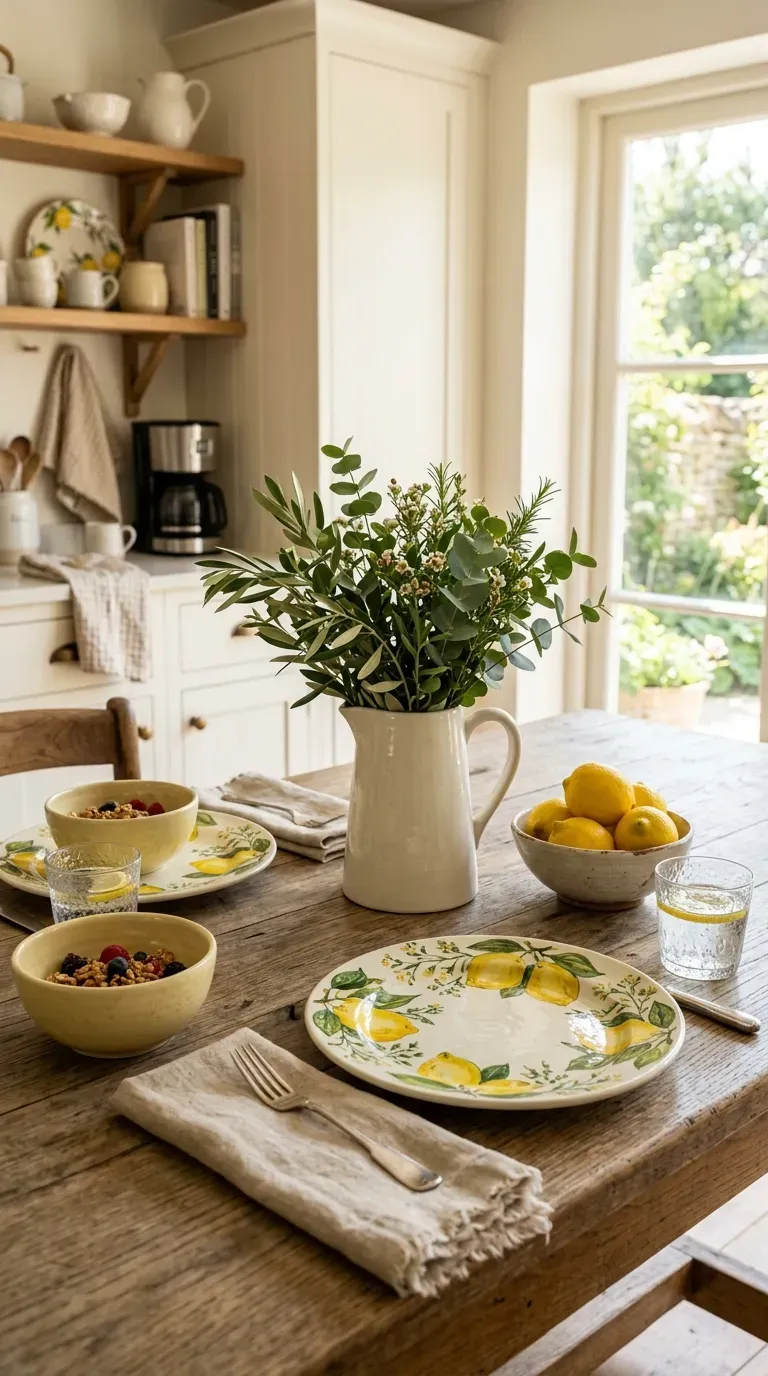 Elegant lemon themed kitchen decorated with subtle citrus accessories yellow ceramics greenery and lemons.