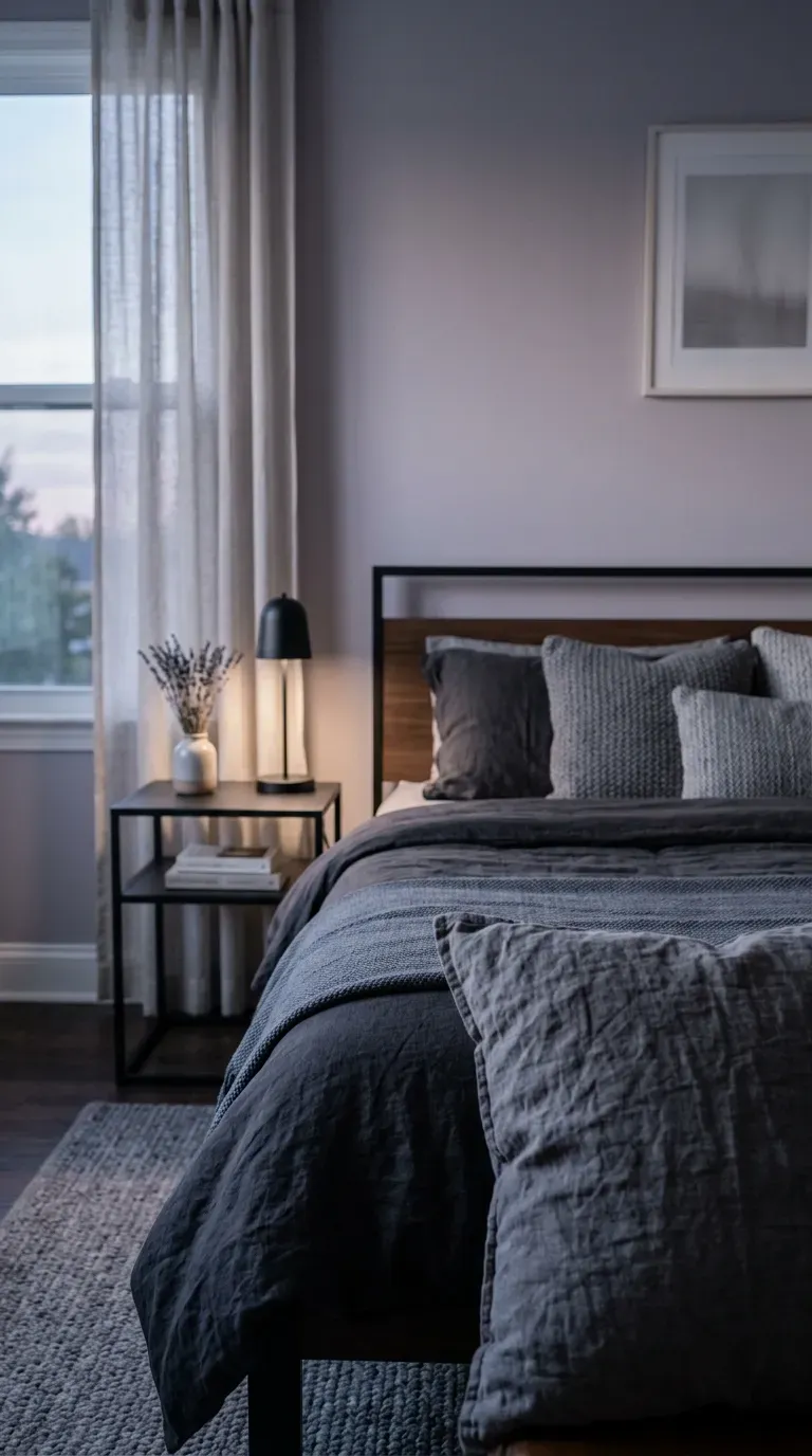 bedroom with smoky lavender grey walls paired with modern charcoal linen bedding