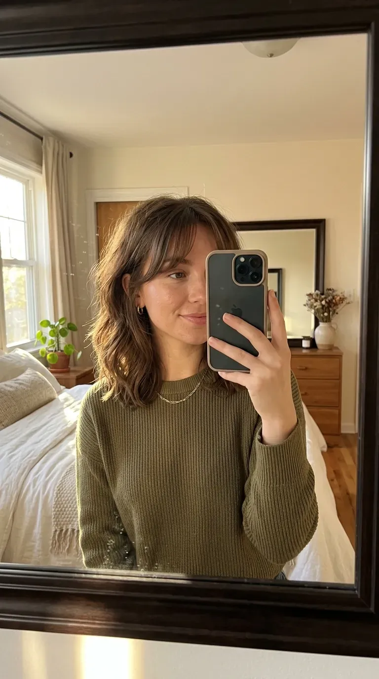 Woman taking an iPhone mirror selfie showing soft voluminous curls with airy curtain bangs and face framing.