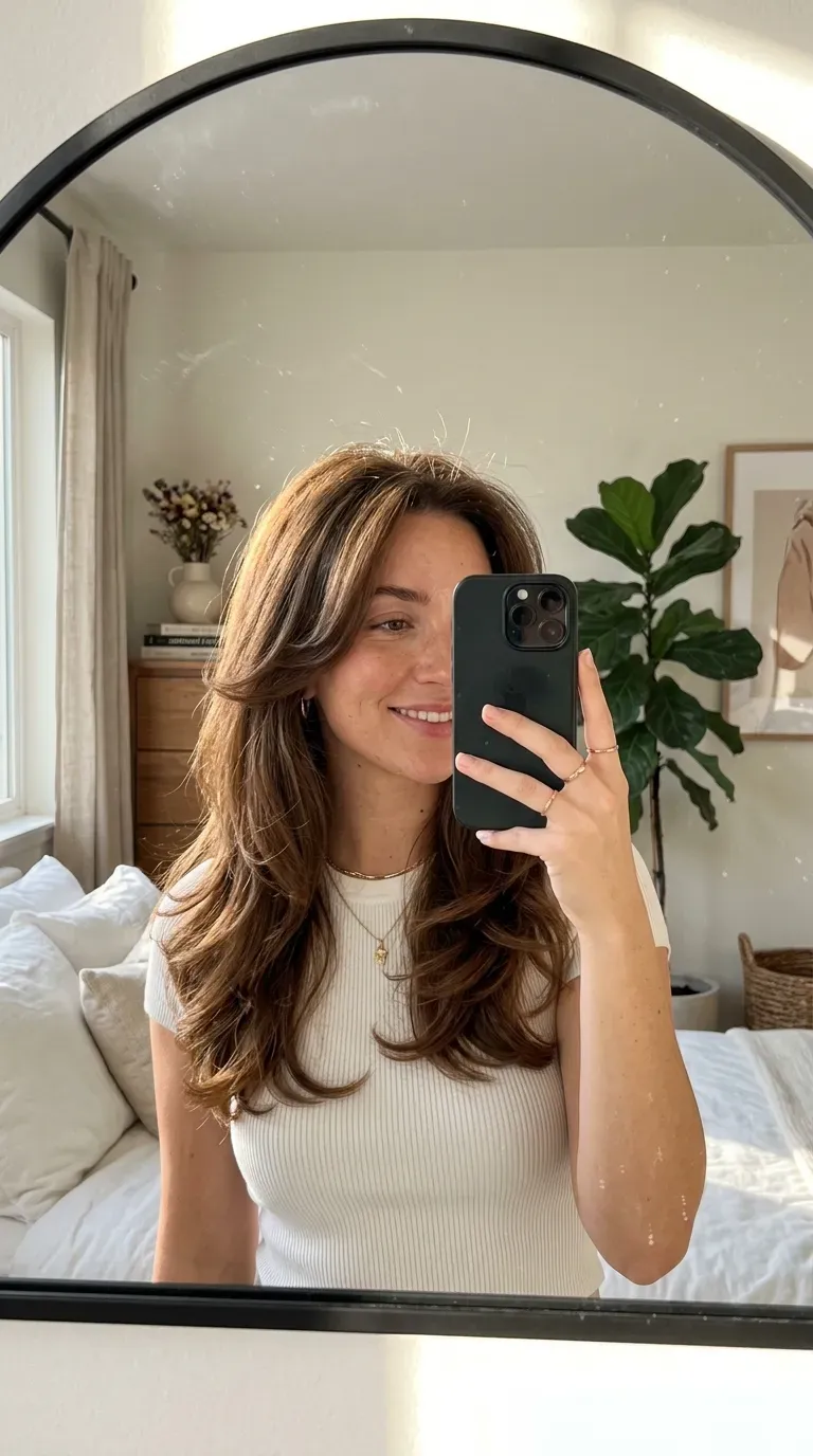 Woman taking an iPhone mirror selfie showing her soft layered blowout with bouncy face-framing layers.