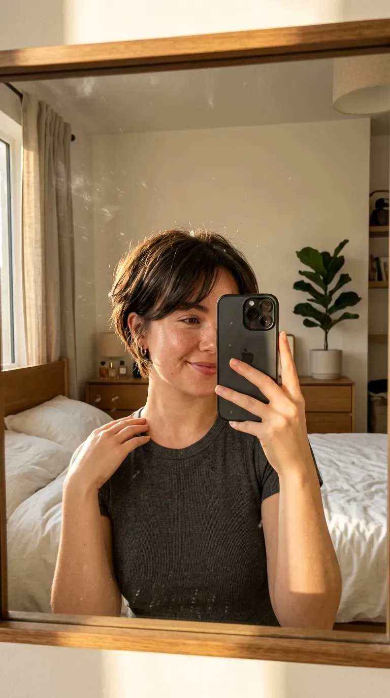 Woman taking an iPhone mirror selfie showing a soft pixie bob with flattering layered face framing.