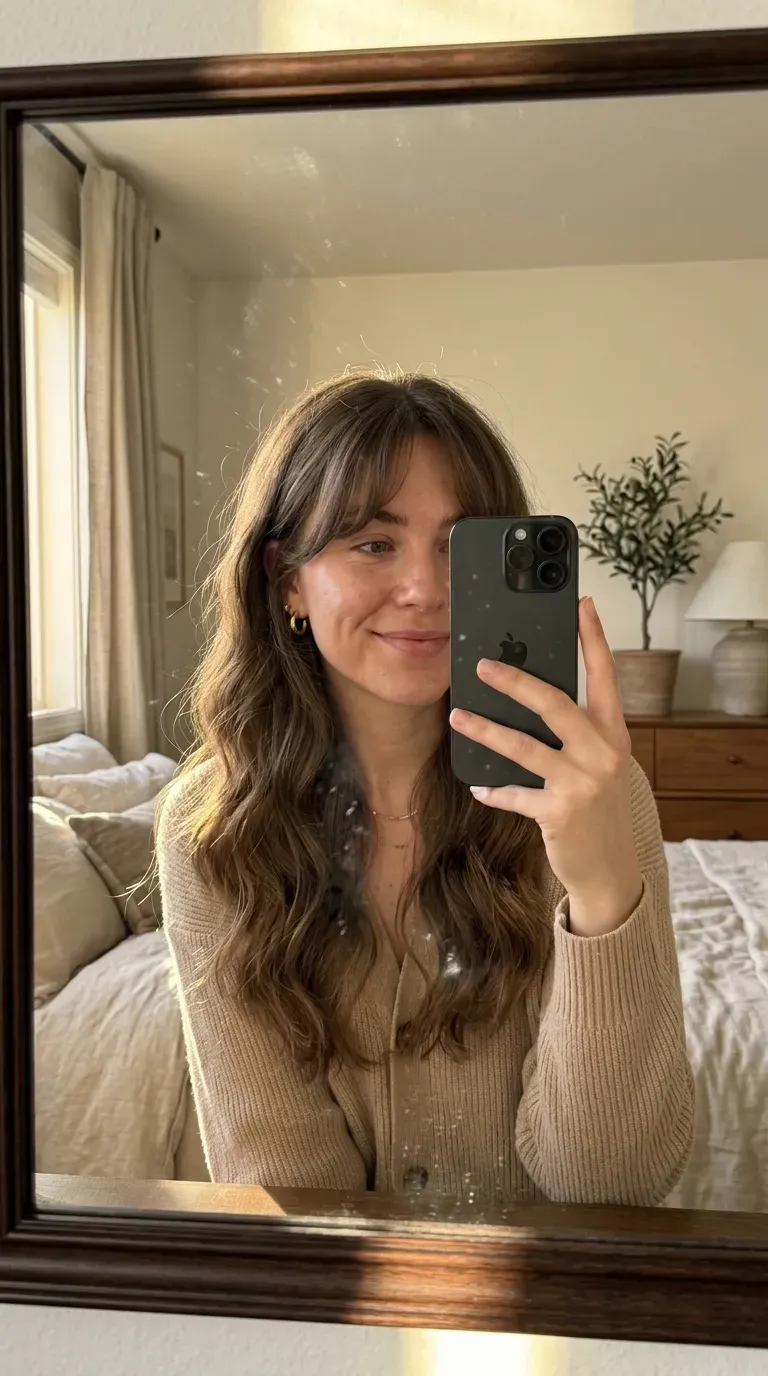 Woman taking an iPhone mirror selfie showing soft waves with airy curtain bangs and natural face framing.