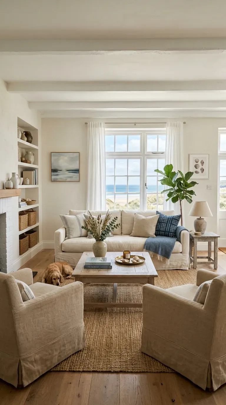 Coastal Cottage Design: 10 Stylish Ideas to Create a Relaxed Seaside Home 2 Bright coastal cottage living room decorated with soft white walls sandy beige furniture and natural textures.