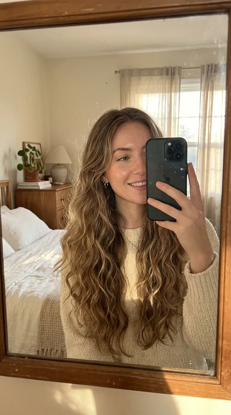 11 Winter Hairstyles for Women That Look Cozy, Chic, and Stylish 2 Woman taking an iPhone mirror selfie showing soft voluminous waves perfect for a cozy winter hairstyle.