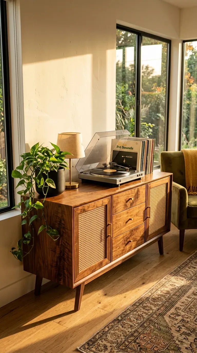Beautifully restored walnut mid-century credenza in a modern living room
