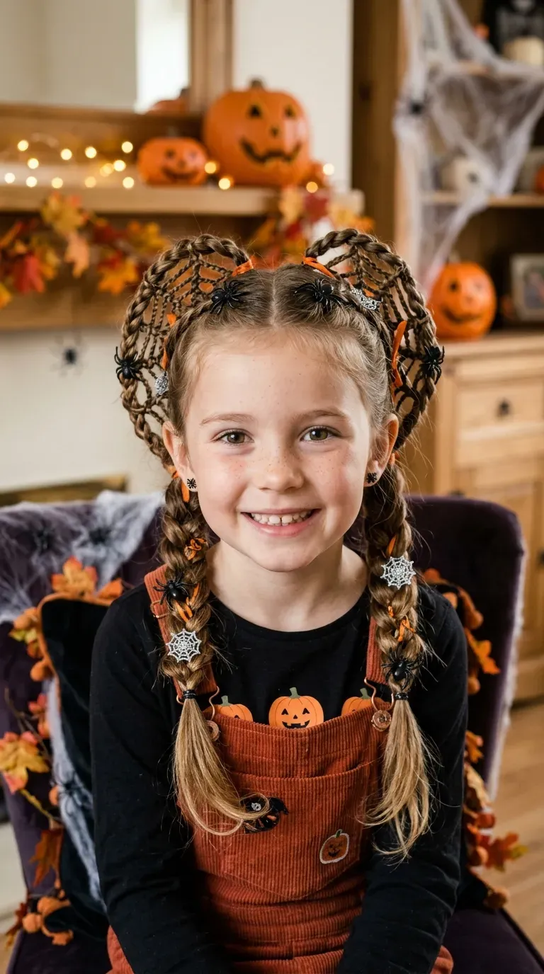 Halloween Hairstyles for Kids: 10 Cute and Spooky Ideas 2 Girl wearing playful spider web braids decorated with tiny Halloween hair accessories.