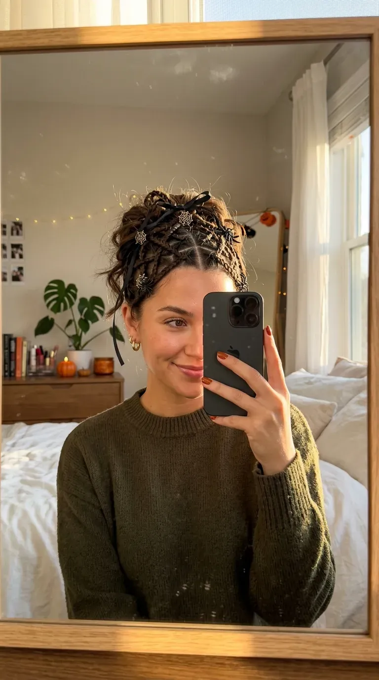 Woman taking an iPhone mirror selfie showing intricate braids decorated with subtle spiderweb Halloween details.