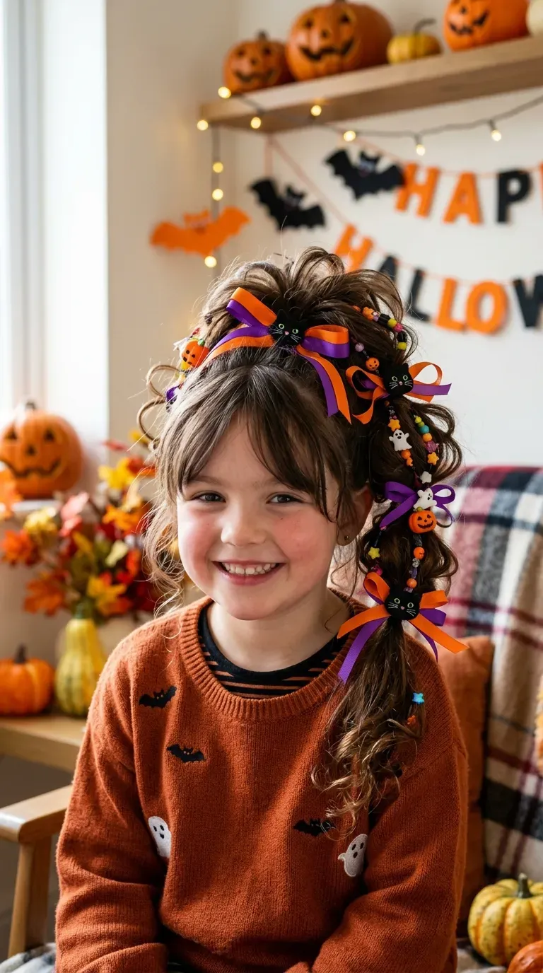 Halloween Hairstyles for Kids: 10 Cute and Spooky Ideas 11 Girl wearing a high ponytail decorated with colorful spooky Halloween hair clips and ribbons.