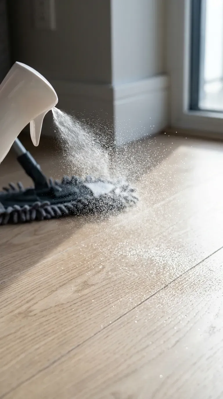 Continuous mist spray bottle spraying cleaner onto wood planks
