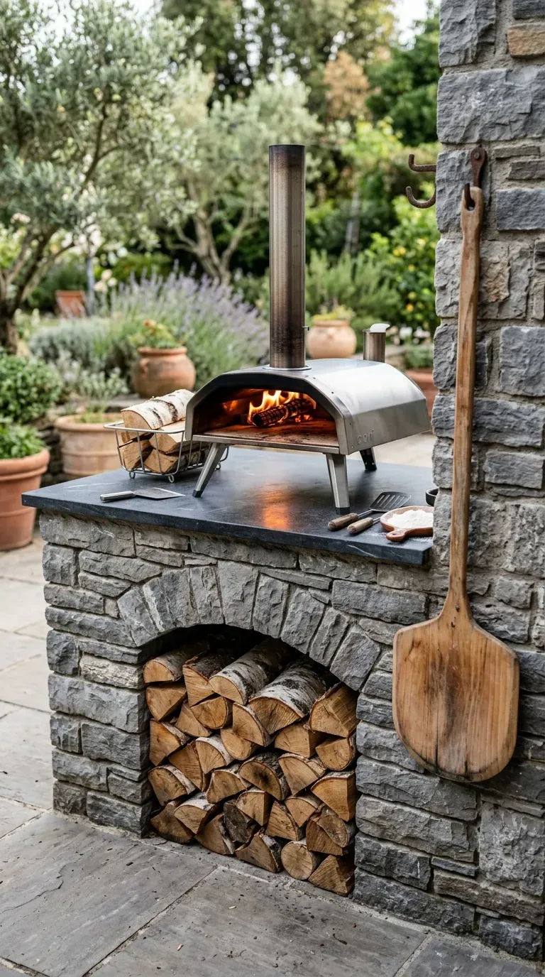 stacked stone outdoor island with portable pizza oven and stacked birch firewood niche