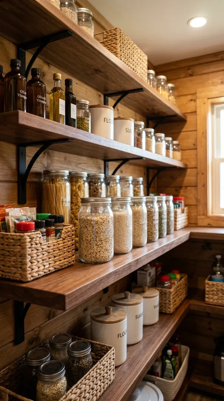 organized walk-in pantry with stained wood shelves and labeled glass storage jars