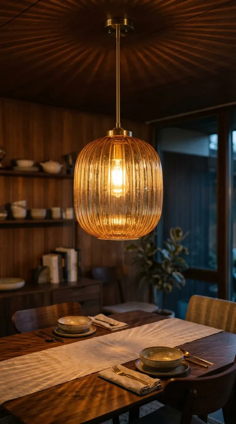 10 Trending Bold Home Decor Pieces to Style in 2026 9 oversized ribbed amber glass pendant light hanging above a dark wood dining table