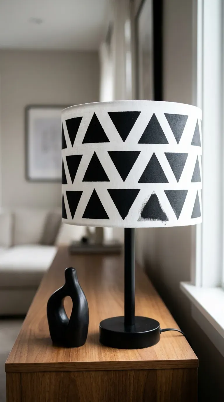 11 Creative DIY Lampshades That Look Store-Bought 9 lampshade with a black triangle geometric pattern in a modern living room
