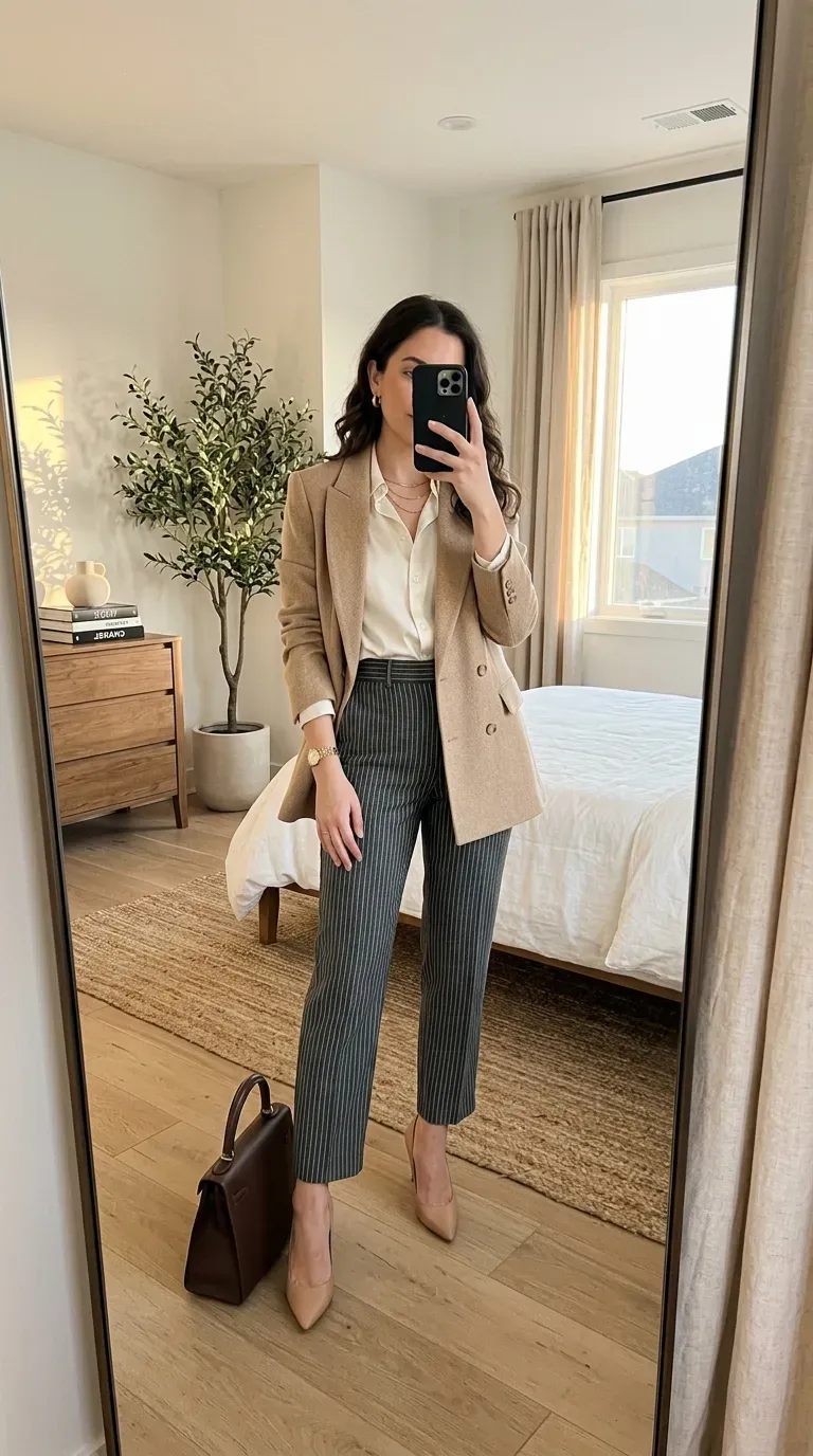 Striped Pants Outfit Ideas: 11 Chic Ways to Style Striped Trousers 6 Woman wearing striped pants with beige blazer for elegant business casual style.
