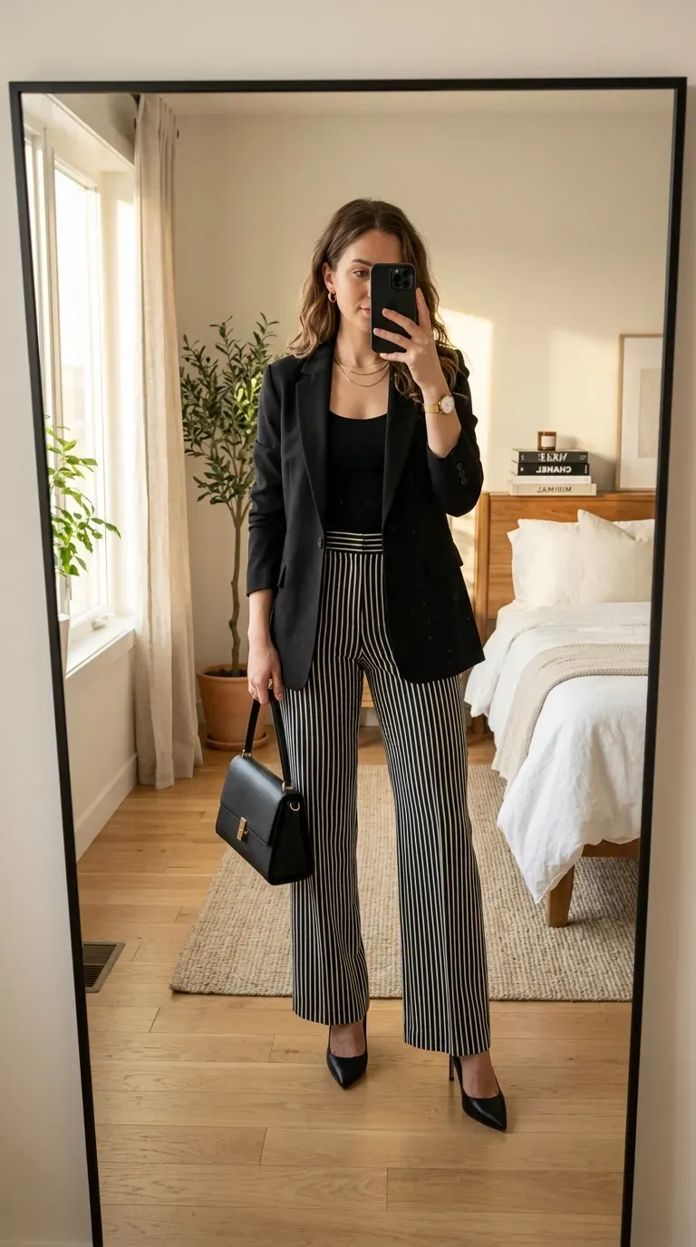 Striped Pants Outfit Ideas: 11 Chic Ways to Style Striped Trousers 9 Woman wearing striped pants with black blazer for polished sophisticated evening style.