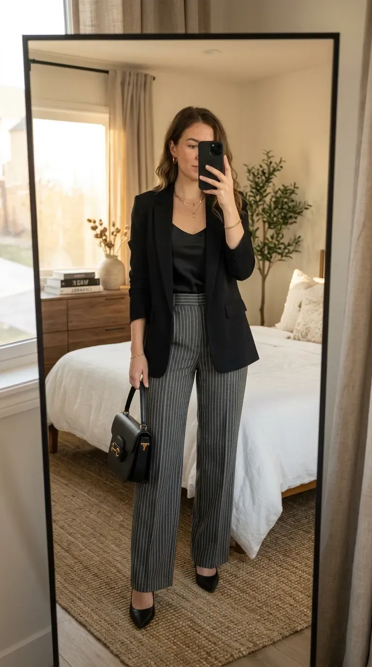 Striped Pants Outfit Ideas: 11 Chic Ways to Style Striped Trousers 12 Woman wearing striped pants with black camisole and blazer for elegant evening fashion.