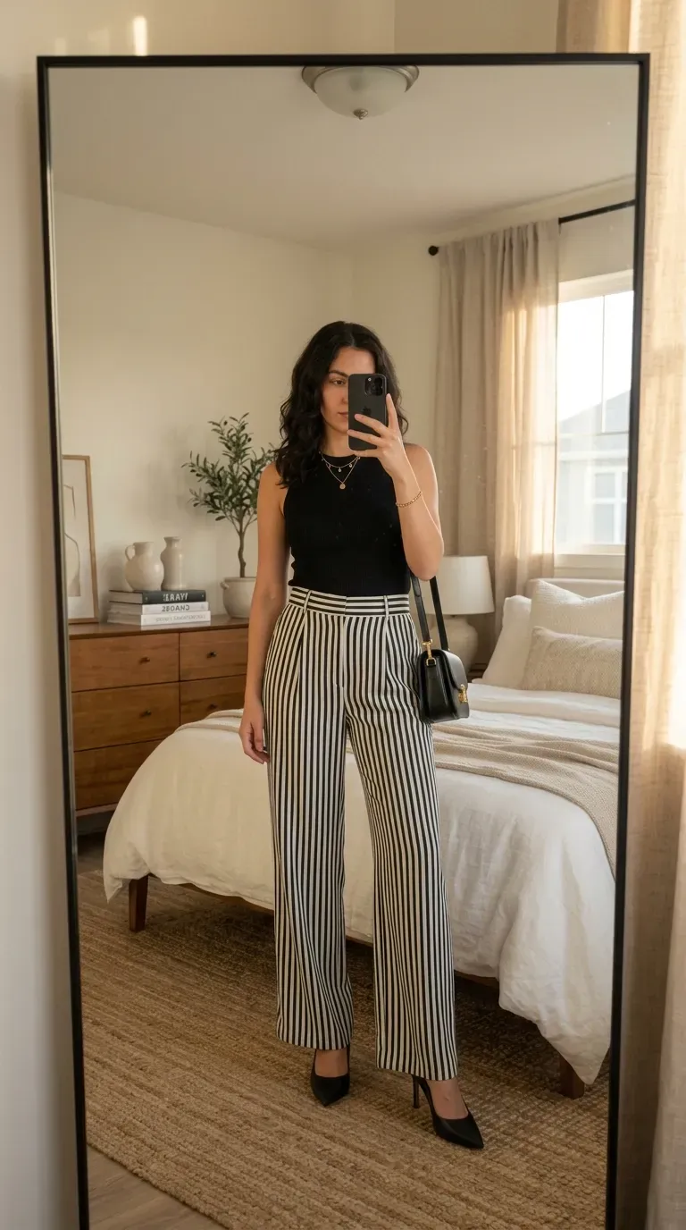 Striped Pants Outfit Ideas: 11 Chic Ways to Style Striped Trousers 3 Woman wearing striped pants with fitted black top for sleek sophisticated style.