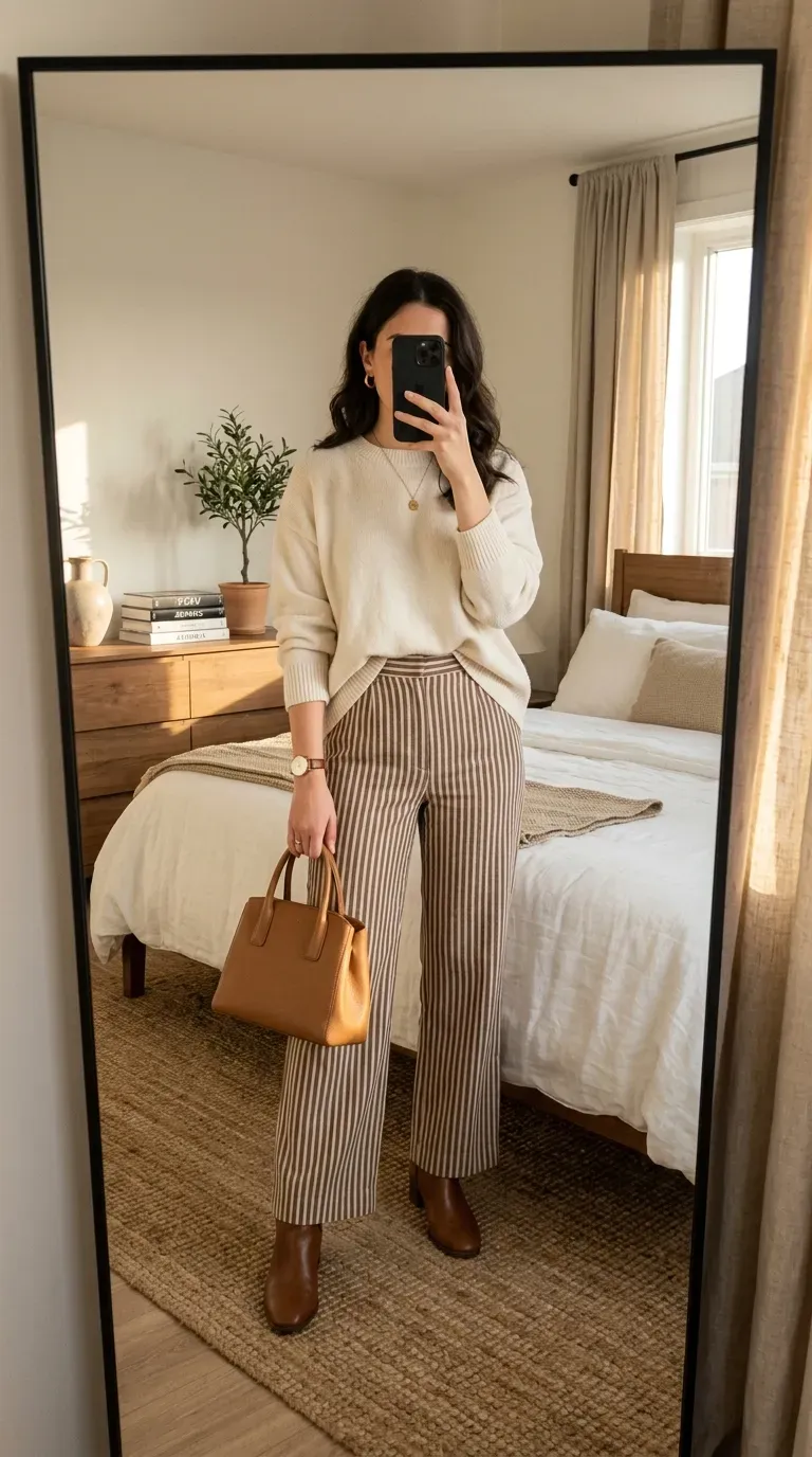 Striped Pants Outfit Ideas: 11 Chic Ways to Style Striped Trousers 4 Woman wearing striped pants with cream sweater for cozy sophisticated fall style.