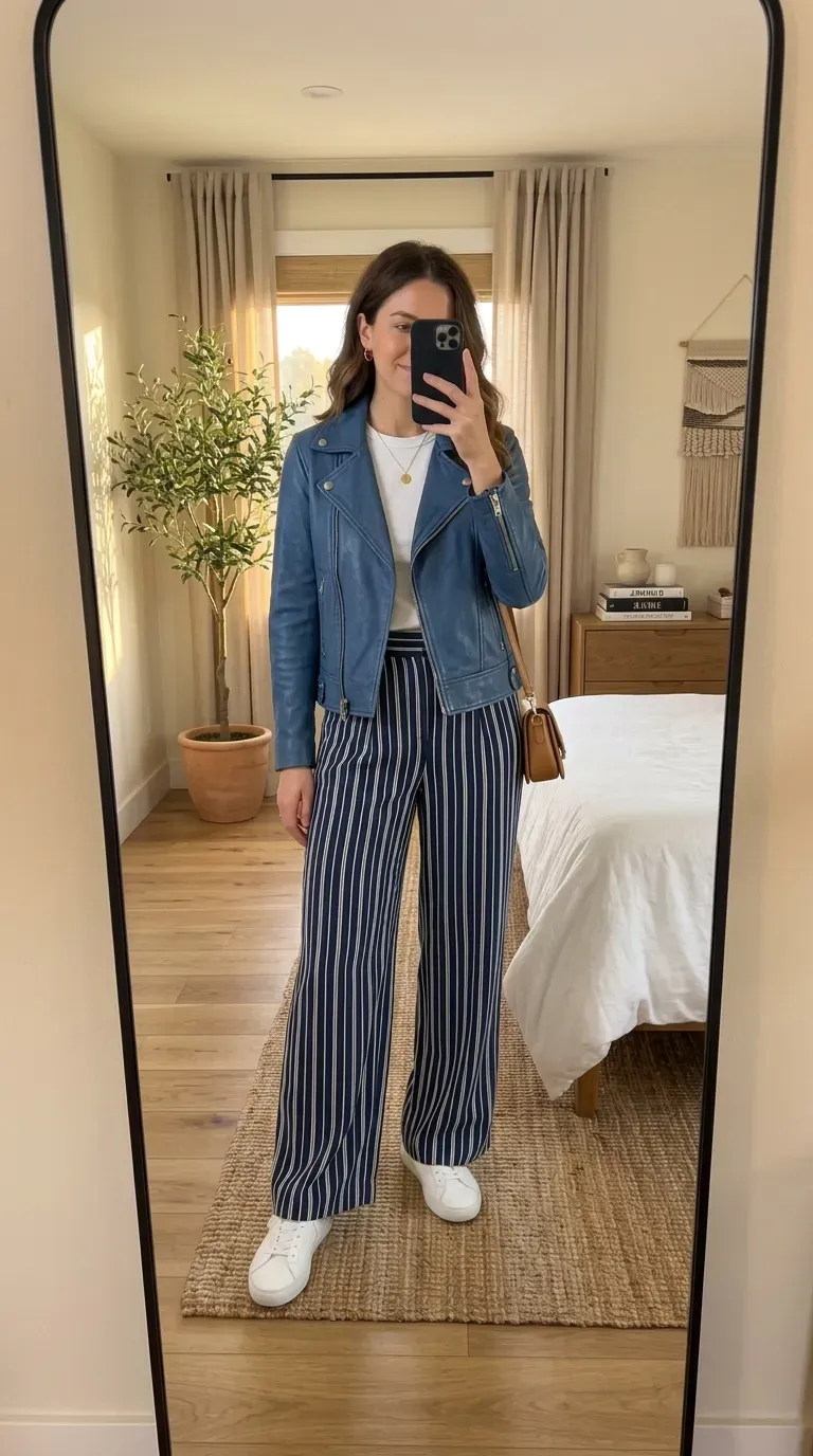 Striped Pants Outfit Ideas: 11 Chic Ways to Style Striped Trousers 5 Woman wearing striped pants with denim jacket for relaxed chic everyday style.