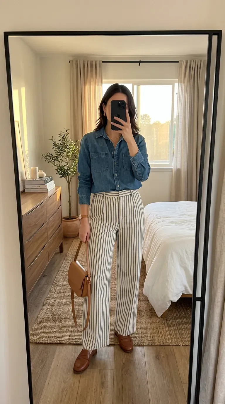 Striped Pants Outfit Ideas: 11 Chic Ways to Style Striped Trousers 11 Woman wearing striped pants with denim shirt for relaxed elevated everyday style.