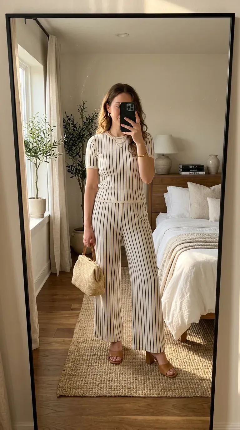 Striped Pants Outfit Ideas: 11 Chic Ways to Style Striped Trousers 8 Woman wearing matching striped pants and top for elegant coordinated fashion look.