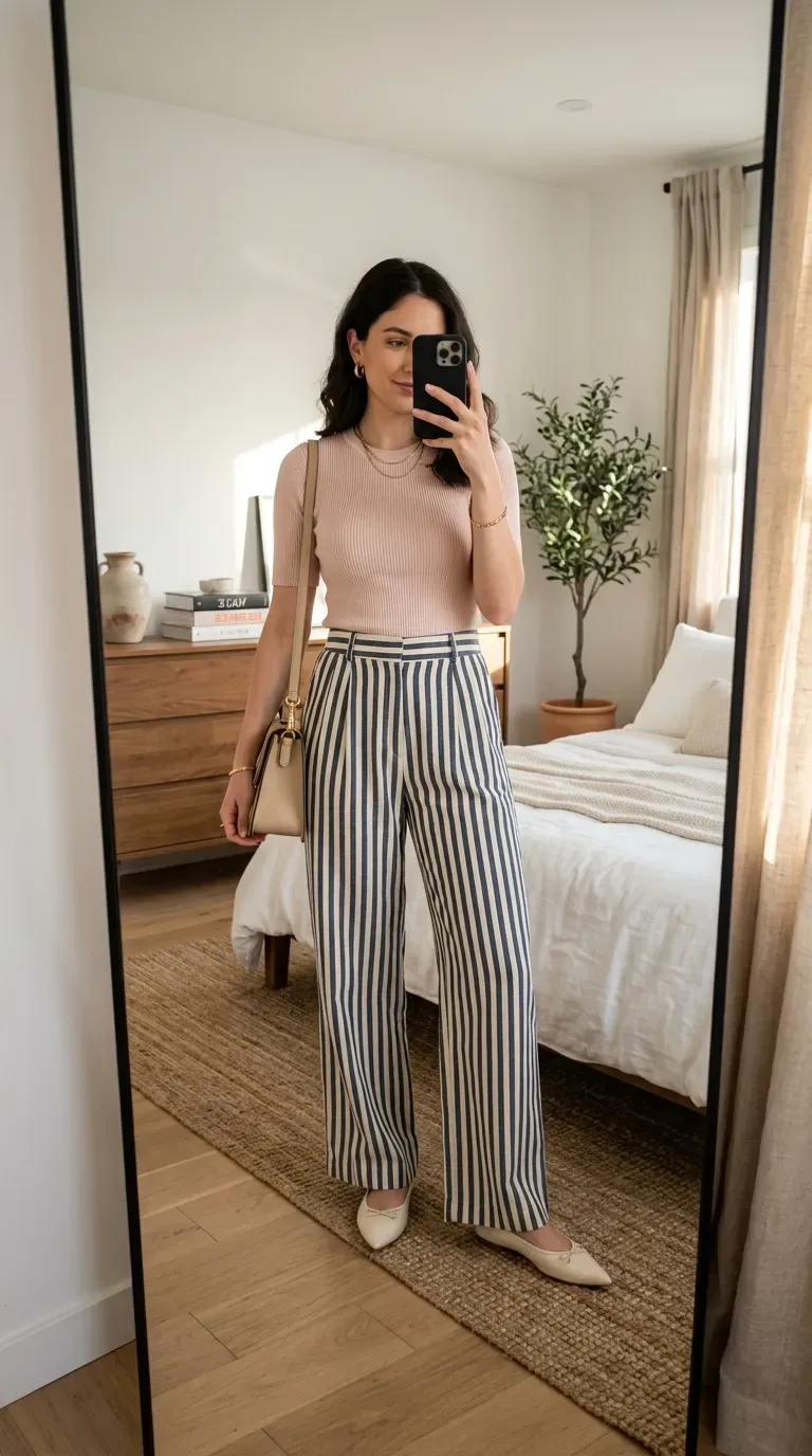 Striped Pants Outfit Ideas: 11 Chic Ways to Style Striped Trousers 7 Woman wearing striped pants with pink knit top for feminine modern fashion style.