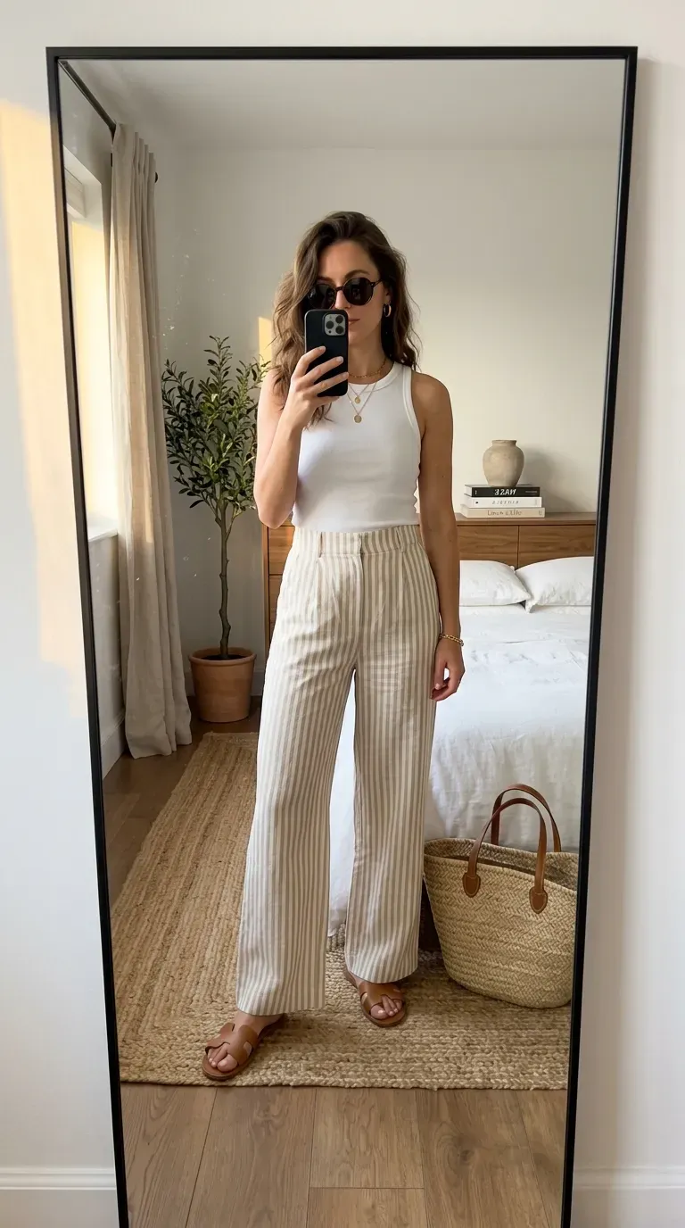 Striped Pants Outfit Ideas: 11 Chic Ways to Style Striped Trousers 10 Woman wearing striped pants with simple tank top for effortless summer style.