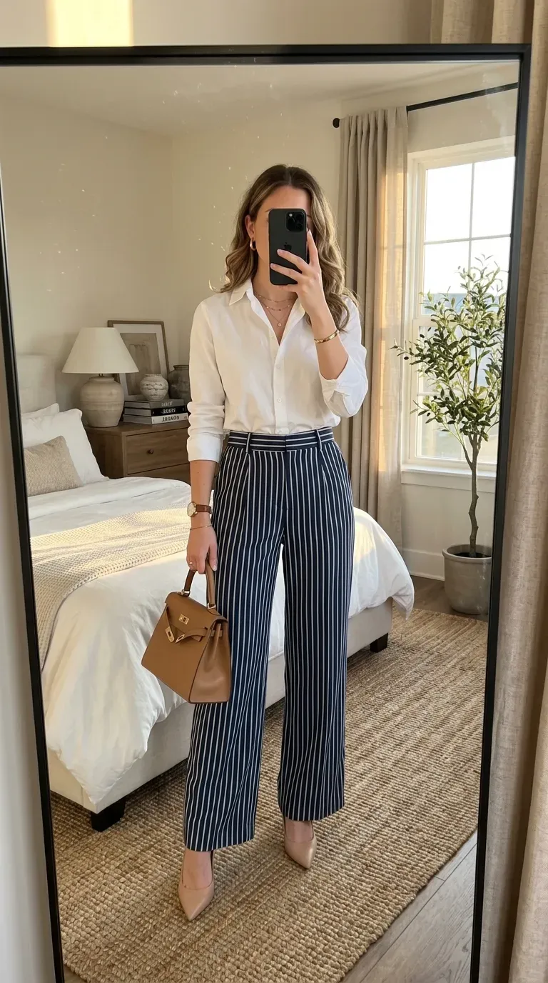 Striped Pants Outfit Ideas: 11 Chic Ways to Style Striped Trousers 2 Woman wearing striped pants with crisp white shirt for polished elegant everyday style.
